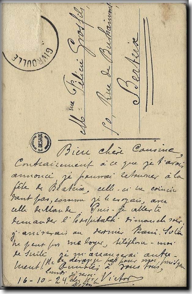 lettre Victor Grosfils à sa cousine