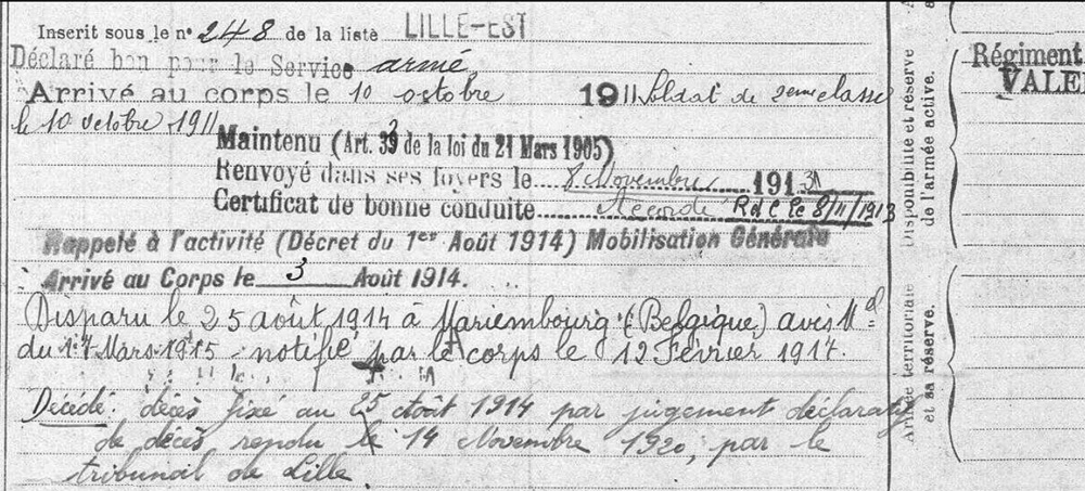 extrait matricule Lille cla 1910 activité et disparition