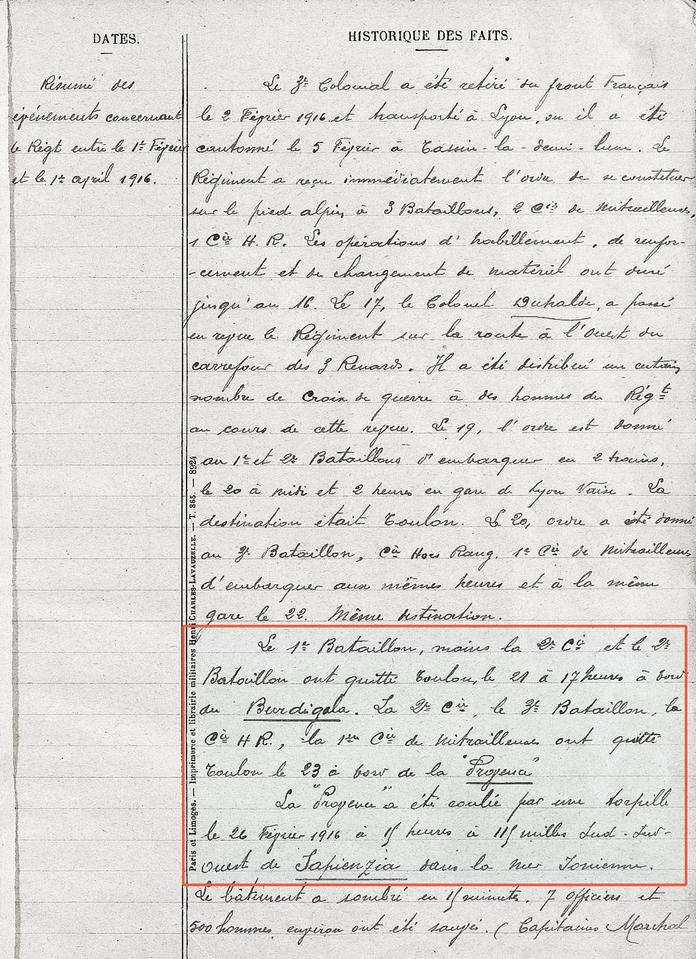 len résumé du 3è col févr 1916